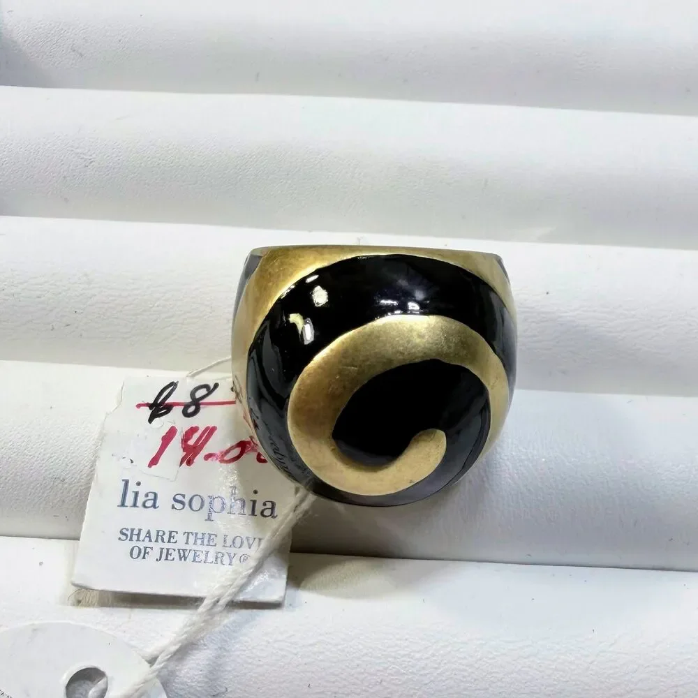 NOS Vintage Lia Sophia Bullseye Gold and Black Enamel Swirl Dome Ring Size 7